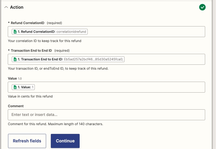 Configurando a action de criar um reembolso